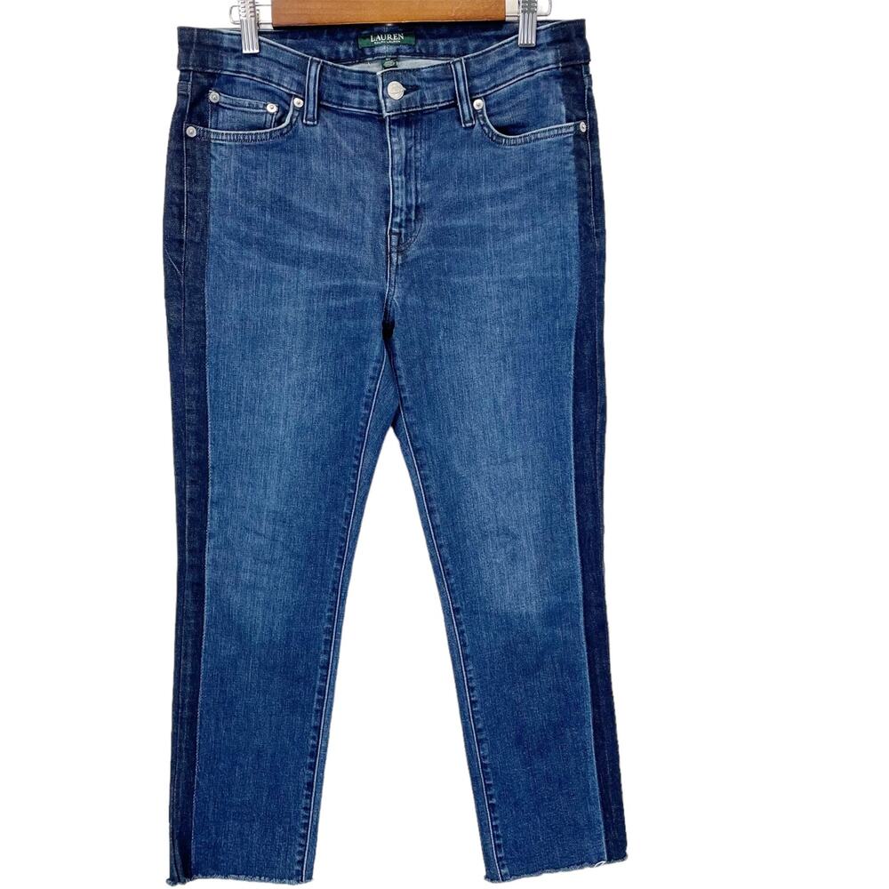 LAUREN Ralph Lauren Womens 8P Jeans Premier‎ Straight Ankle Tuxedo Stripe Fray